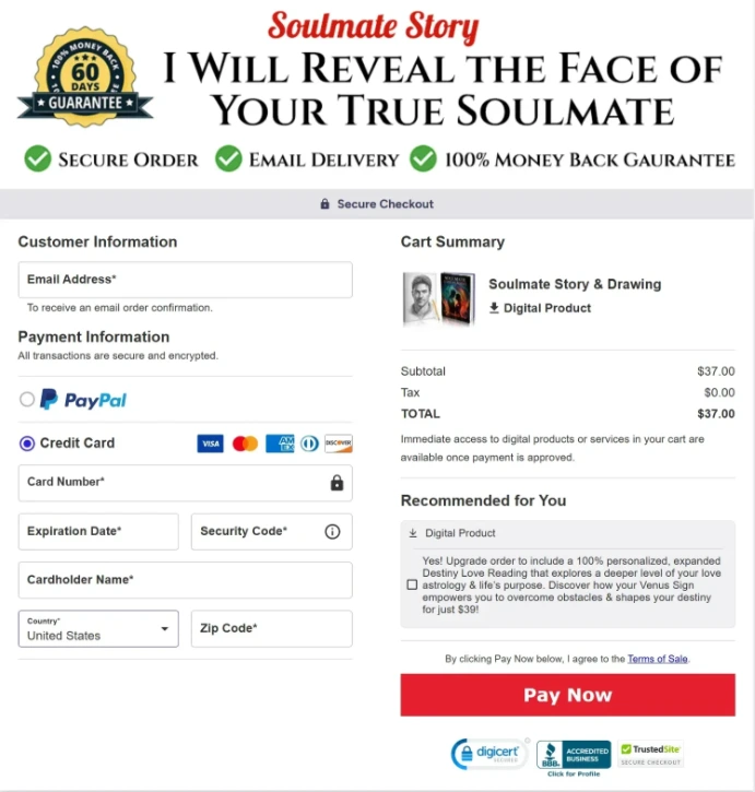 Soulmate Story secure ClickBank checkout order form